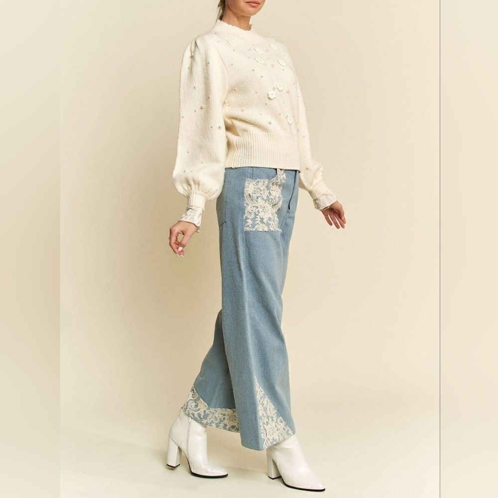 *Davi & Dani Lace Applique Wide Leg Jeans in sz M L - Picture 3 of 10